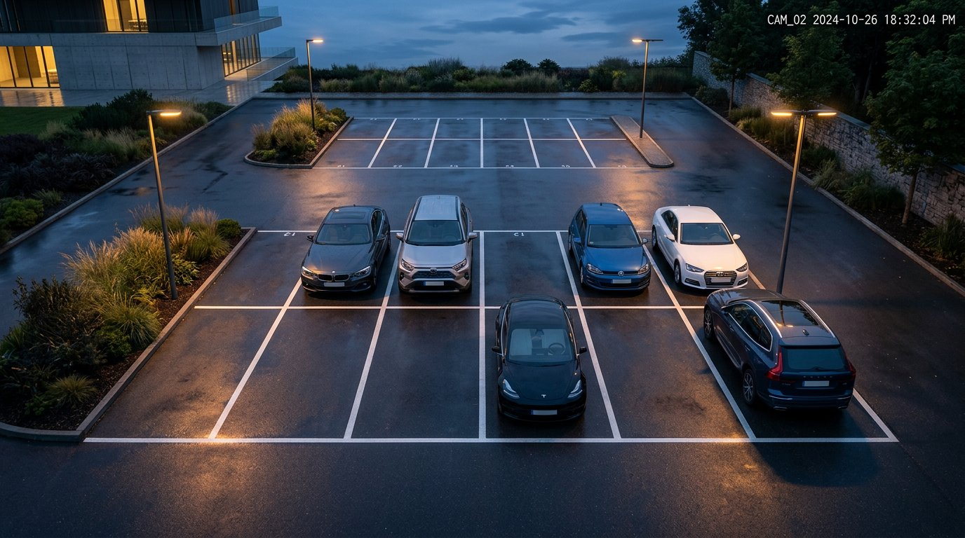 Parking extérieur d'entreprise vu par une caméra de supervision