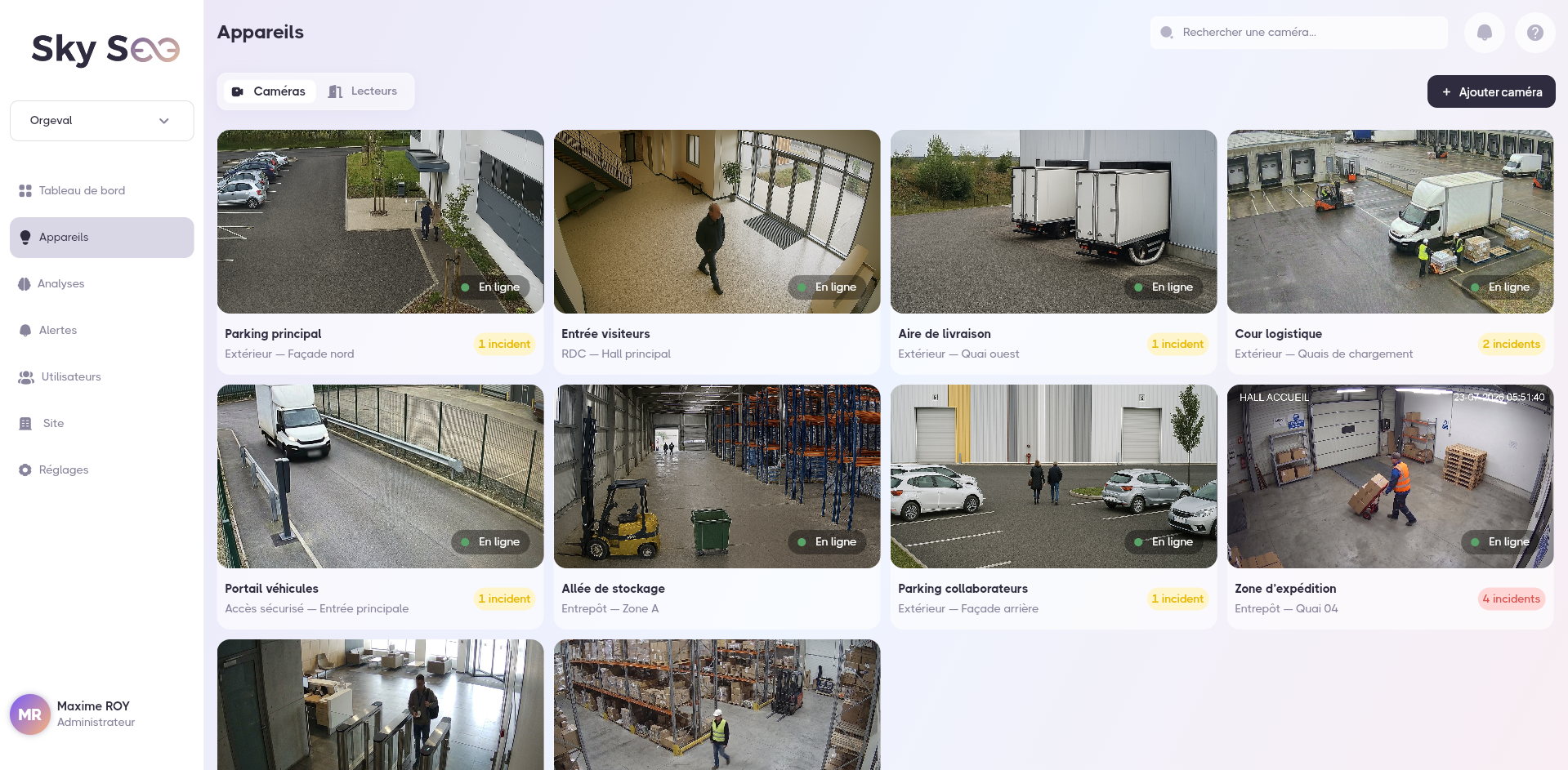 Interface Sky See : vue de supervision centralisée des sites et caméras