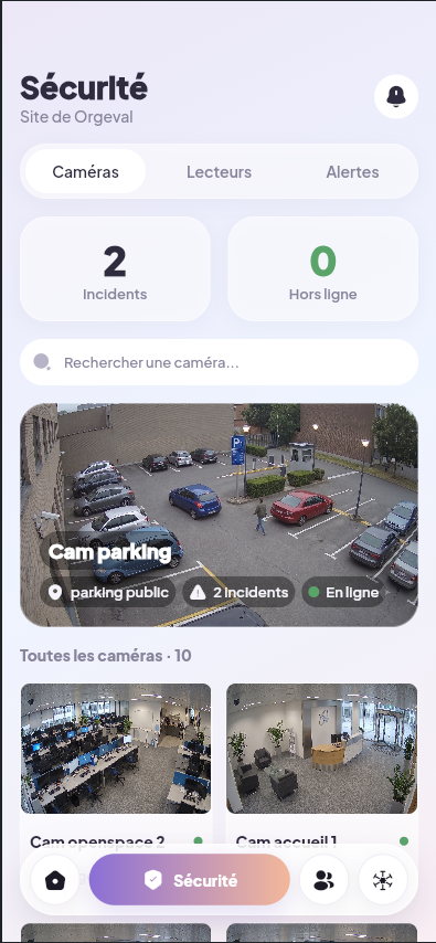 Application mobile Sky See : liste des caméras et de leur état